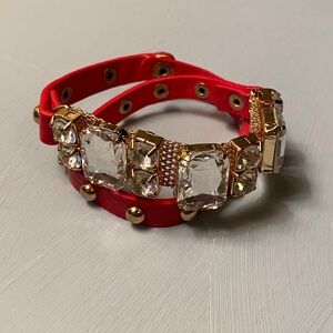 Red Faux Leather & Rhinestone Studded Wrap Bracelet